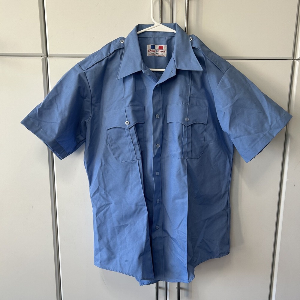 Flying Cross Duropoplin Mens Blue Short Sleeve Uniform Shirt PO-31556 M USA Made